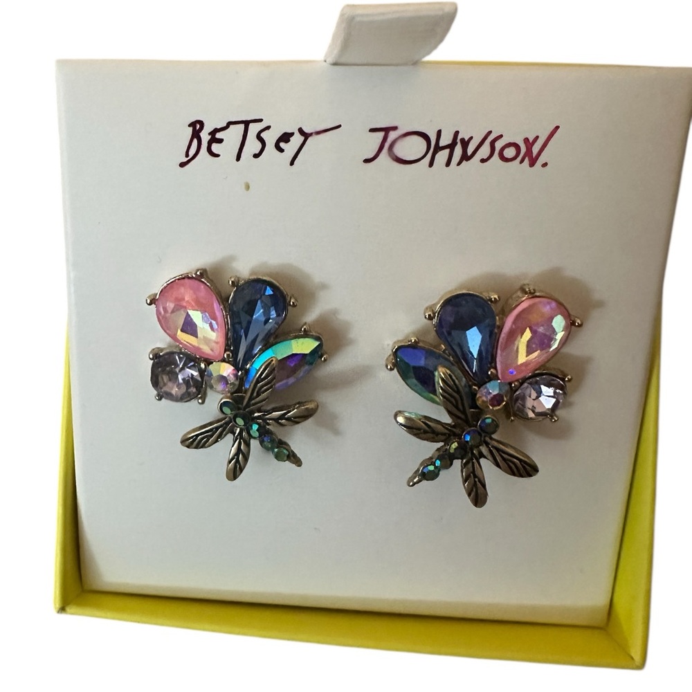 Betsey Johnson Dragonfly Rhinestone Earrings New In Gift Box